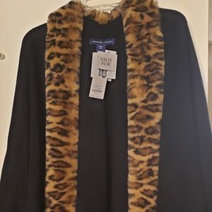 Adrienne Vittadini w Faux Fur Animal Print collar Kimono drape coat - One Size